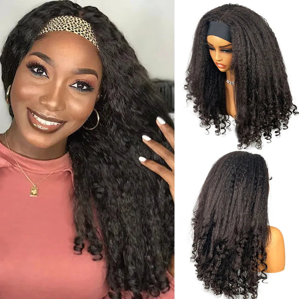 Kinky Straight Burmese Curly Headband Wigs With Drawstring Glueless Human hair Wig Wear And Go Yaki Straight Headband Wig