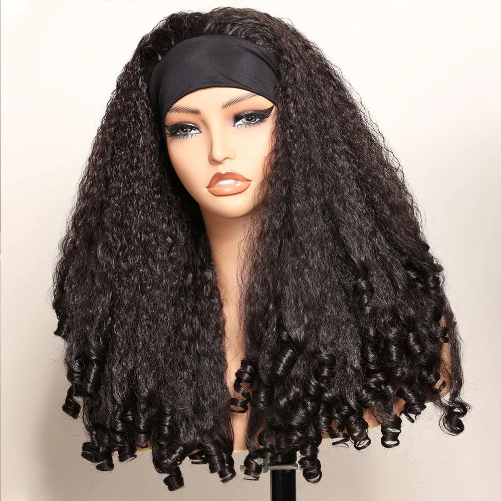 Kinky Straight Burmese Curly Headband Wigs With Drawstring Glueless Human hair Wig Wear And Go Yaki Straight Headband Wig