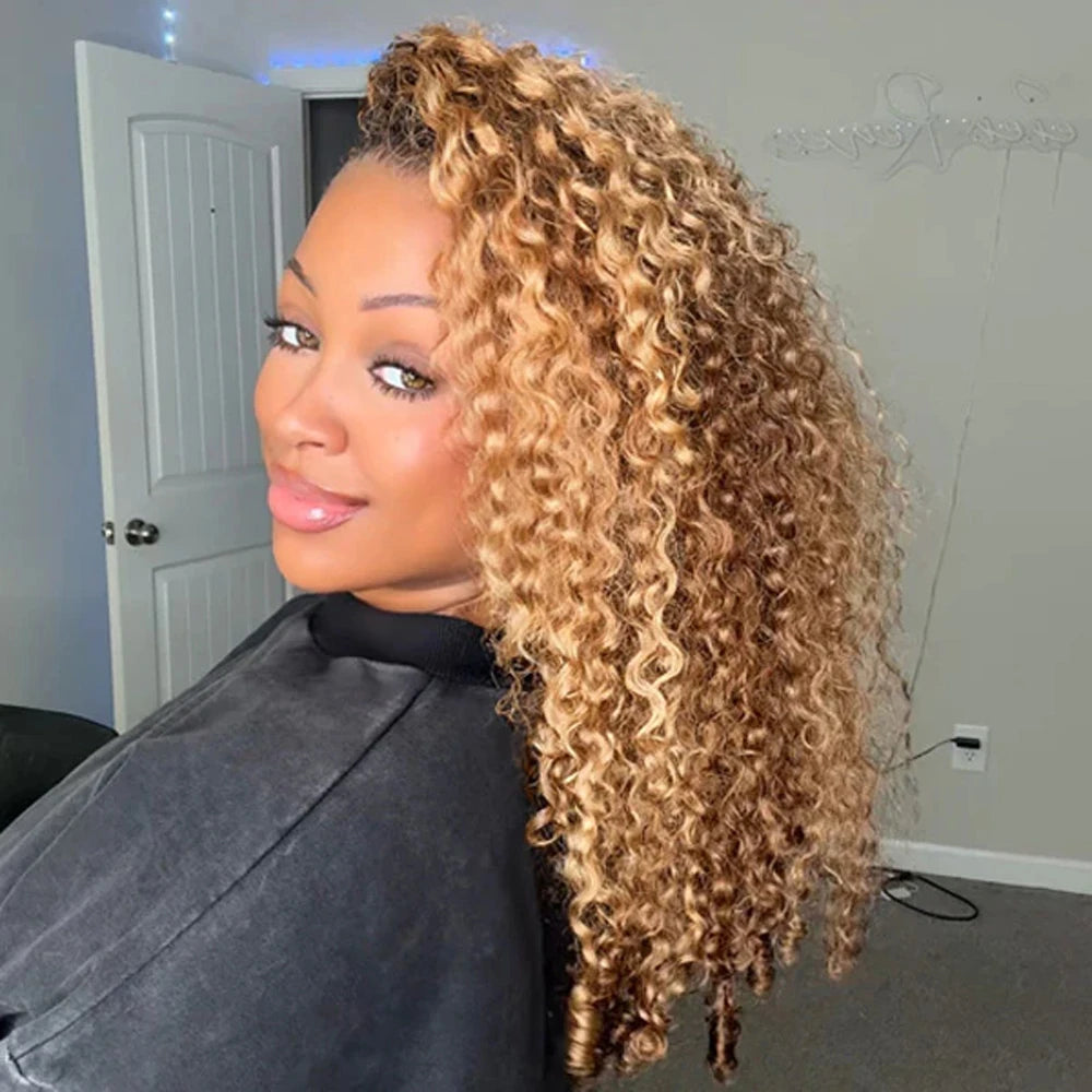 Highlight Burmese Curly Half Glueless Wigs Human Hair With Drawstring Colored 3 IN 1 Half Wigs Flip Over Burmese Curly Half Wigs
