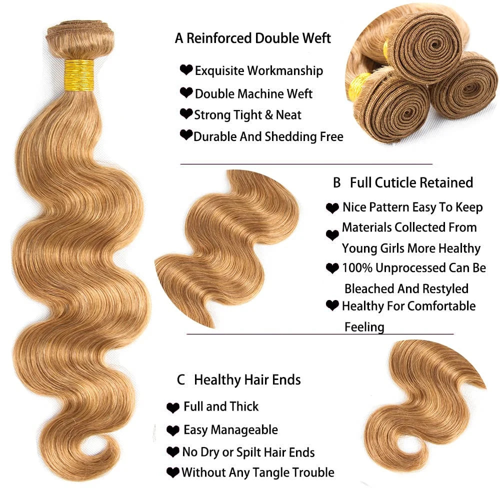 #27 Honey Blonde Body Wave Human Hair Bundles Hair Weave Human Hair Extensions Body Wave Hair Weft Human Hair For Women