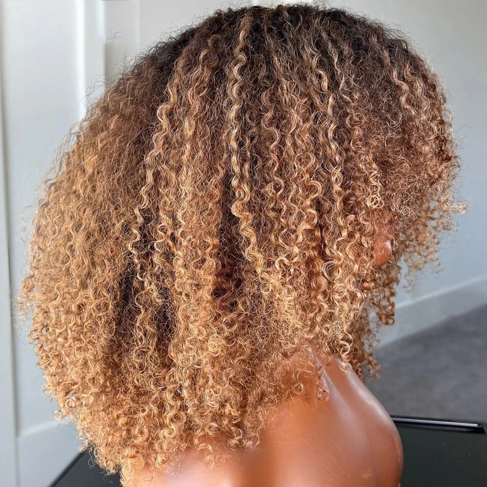 Ombre blonde Brown Afro kinky Curly Hair Wig 100% Human Hair wig Highlights Honey blonde 250% Density Glueless Wig With Bangs