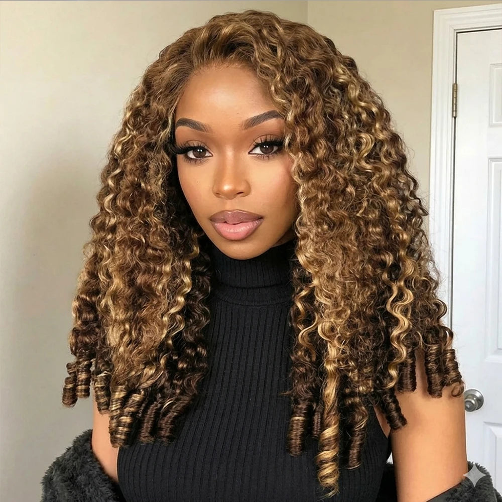 Highlight Burmese Curly Half Glueless Wigs Human Hair With Drawstring Colored 3 IN 1 Half Wigs Flip Over Burmese Curly Half Wigs