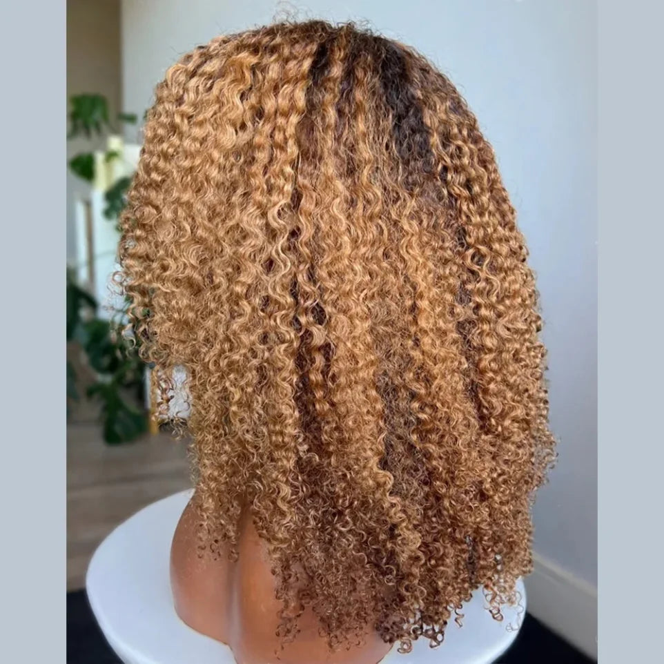Ombre blonde Brown Afro kinky Curly Hair Wig 100% Human Hair wig Highlights Honey blonde 250% Density Glueless Wig With Bangs