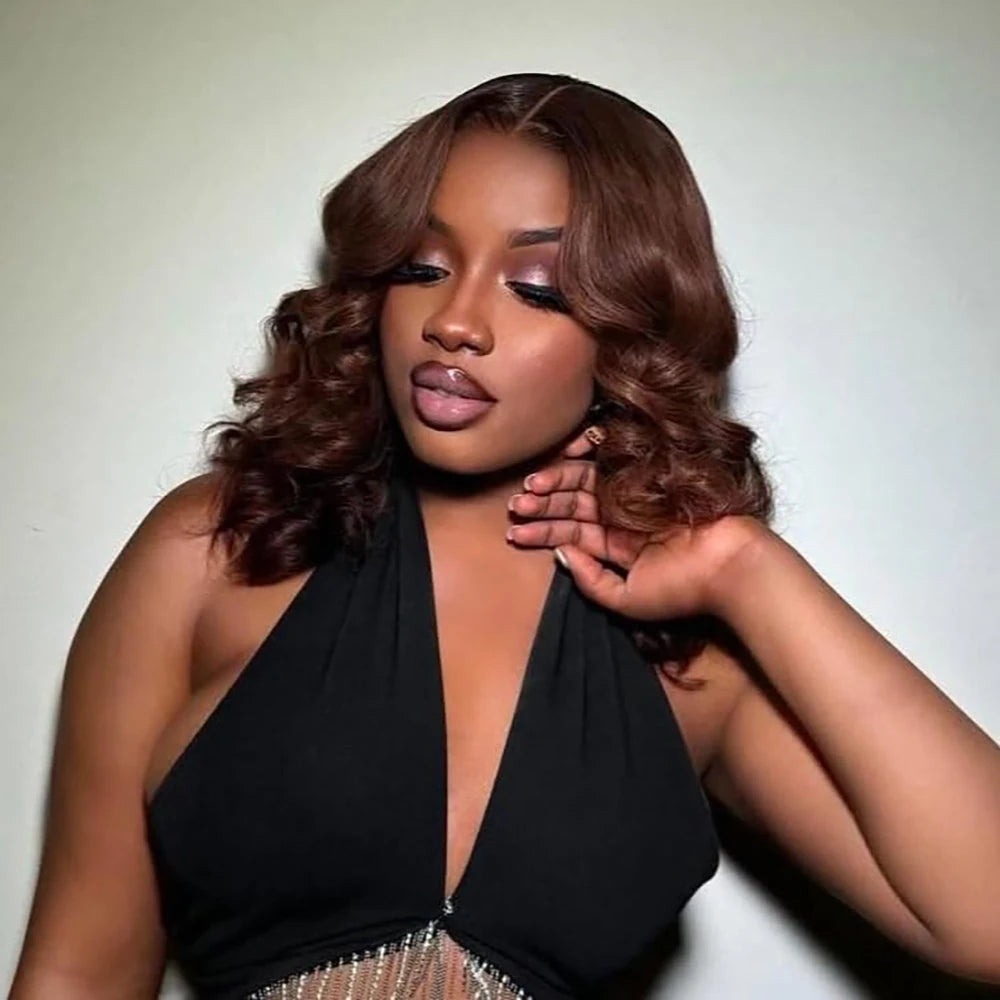 #4 Chocolate Brown Human Hair Bob Wigs 13x4 HD Transparent Lace Front Wig Body Wave Short Bob Wig Human Hair Wavy Brown Color