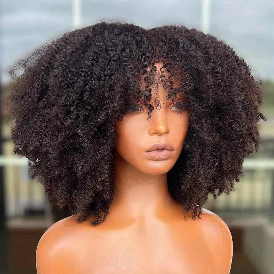 Ombre blonde Brown Afro kinky Curly Hair Wig 100% Human Hair wig Highlights Honey blonde 250% Density Glueless Wig With Bangs