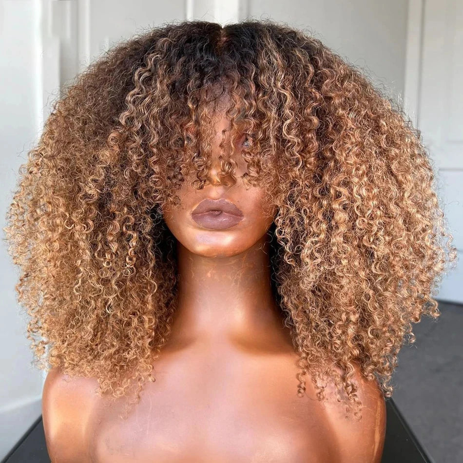 Ombre blonde Brown Afro kinky Curly Hair Wig 100% Human Hair wig Highlights Honey blonde 250% Density Glueless Wig With Bangs