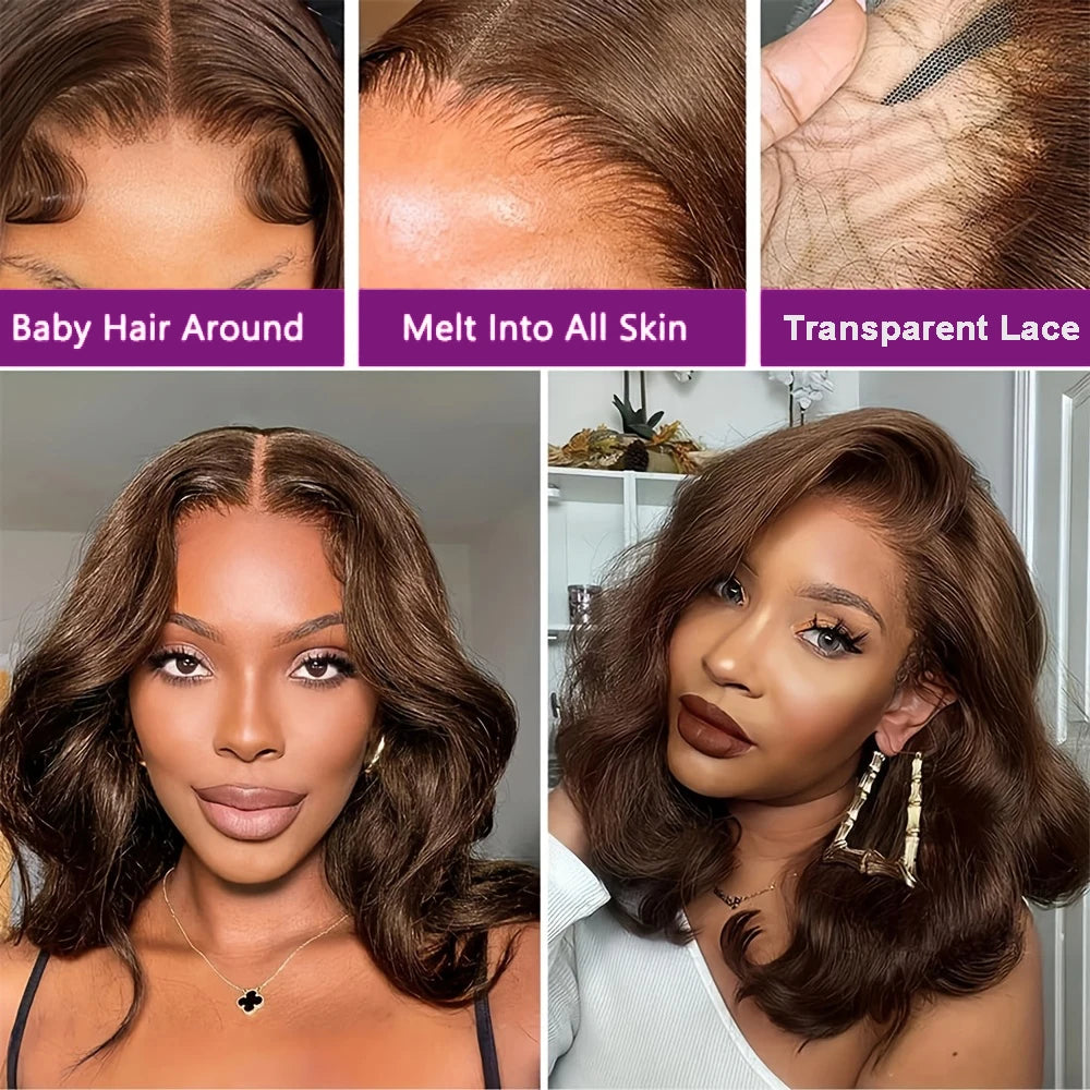 #4 Chocolate Brown Human Hair Bob Wigs 13x4 HD Transparent Lace Front Wig Body Wave Short Bob Wig Human Hair Wavy Brown Color