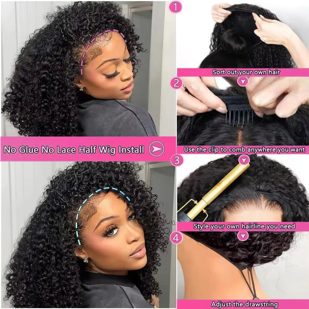 300% Density Burmese Curly Human Hair Wigs For Women Brazilian No Glue Kinky Culry 3 IN 1 Half Wig 100% Human Hair Wigs On Sale
