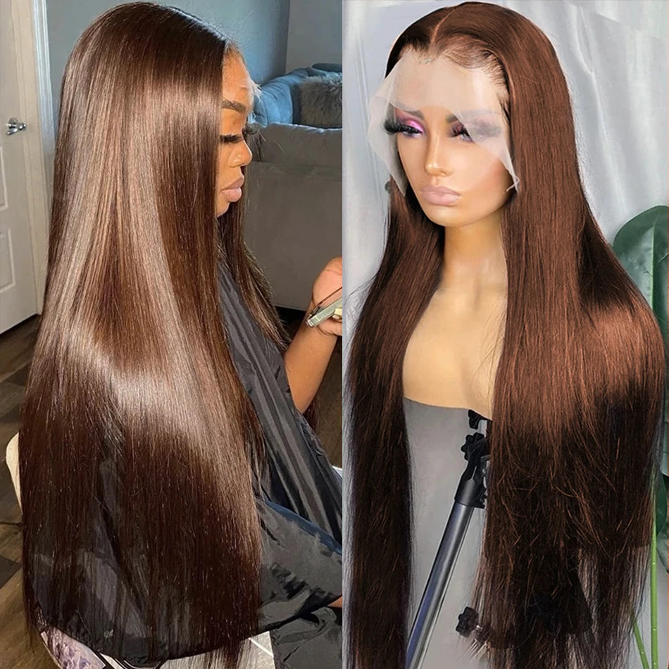 13x6 Chocolate Brown Straight Lace Frontal Wigs 100% Human Hair Wig Transparent Brown HD Lace Front Wig 4x4 5x5 Colored Wigs