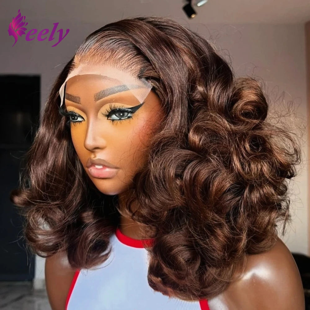 #4 Chocolate Brown Human Hair Bob Wigs 13x4 HD Transparent Lace Front Wig Body Wave Short Bob Wig Human Hair Wavy Brown Color