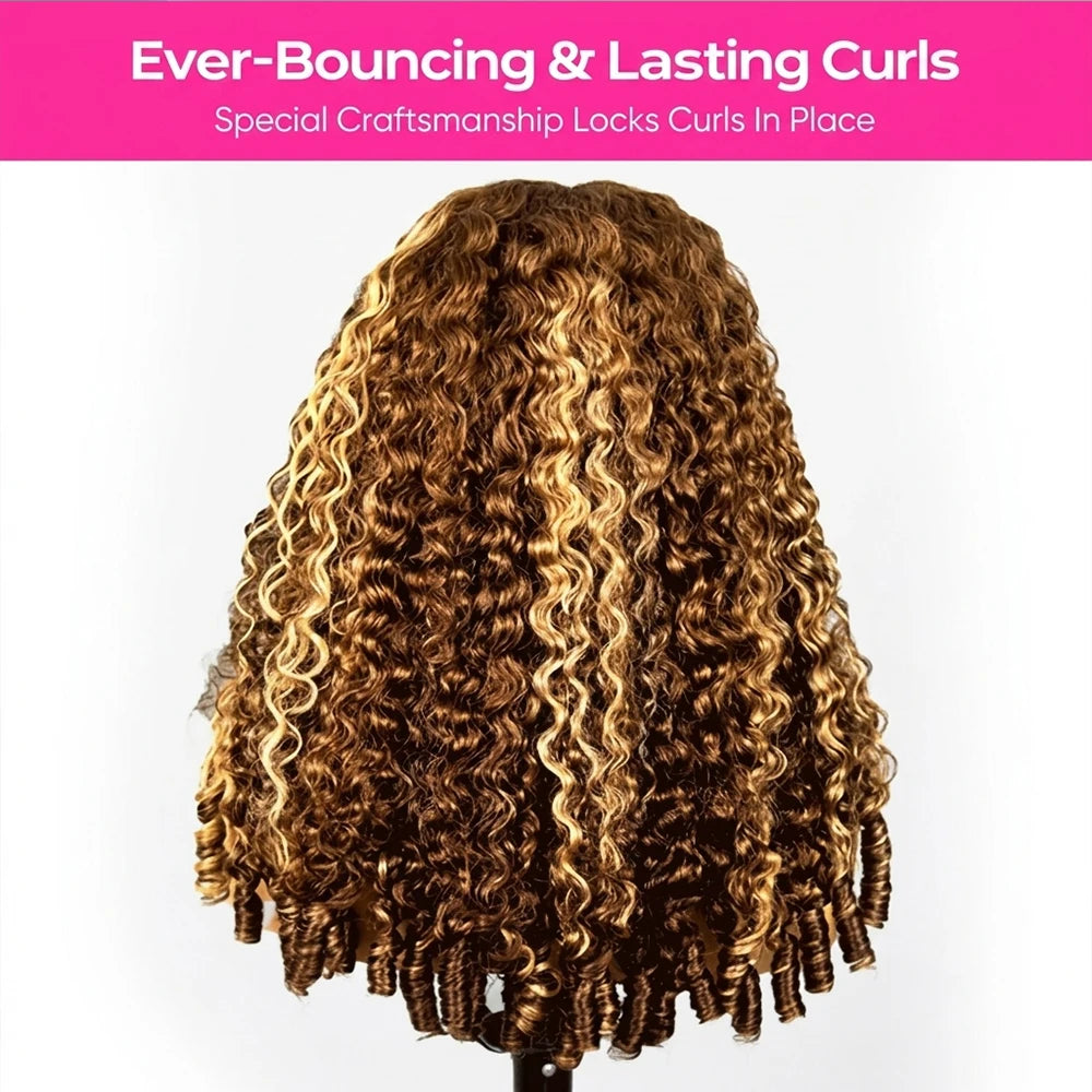 Highlight Burmese Curly Half Glueless Wigs Human Hair With Drawstring Colored 3 IN 1 Half Wigs Flip Over Burmese Curly Half Wigs