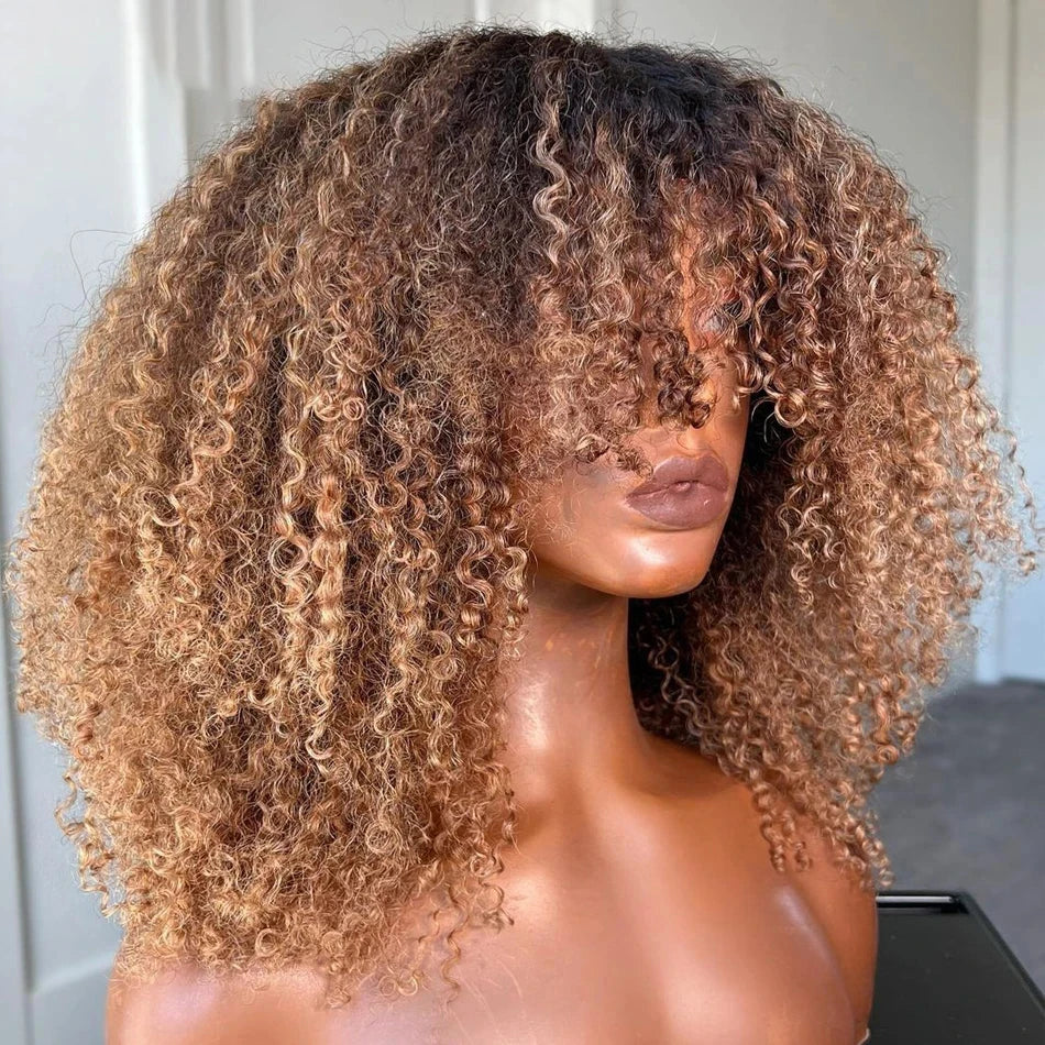 Ombre blonde Brown Afro kinky Curly Hair Wig 100% Human Hair wig Highlights Honey blonde 250% Density Glueless Wig With Bangs