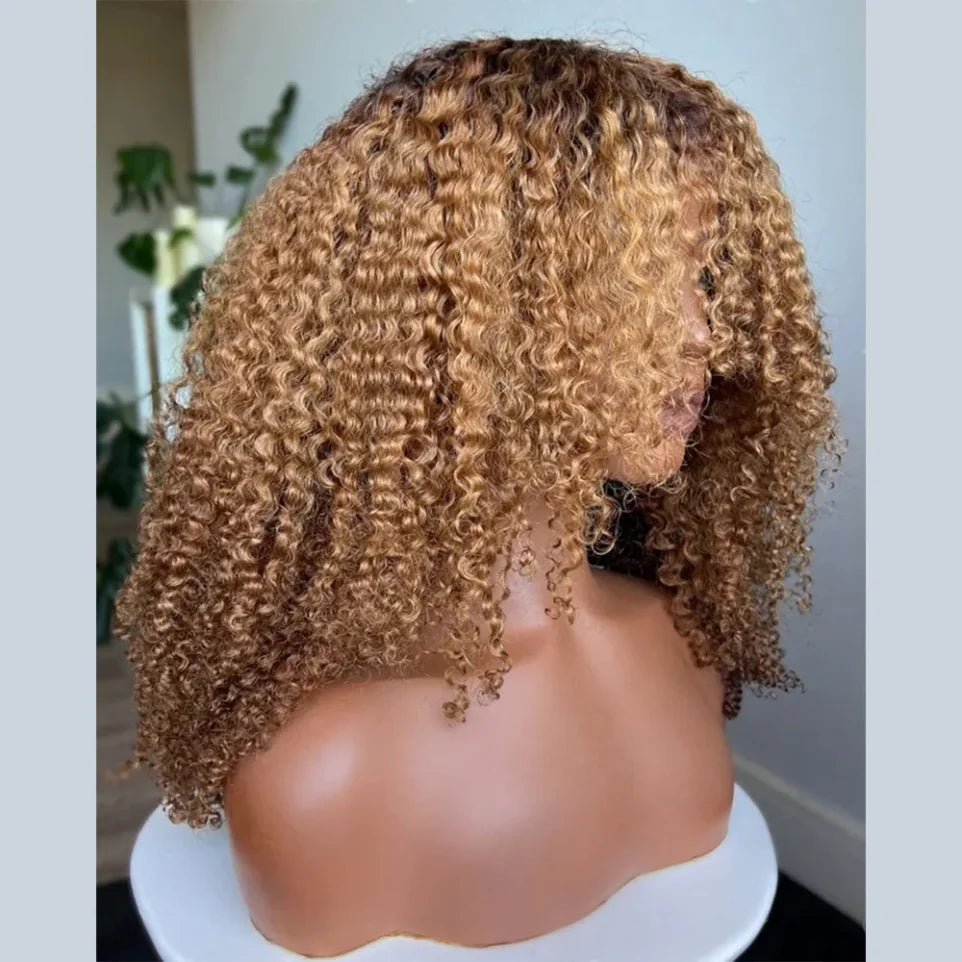 Ombre blonde Brown Afro kinky Curly Hair Wig 100% Human Hair wig Highlights Honey blonde 250% Density Glueless Wig With Bangs