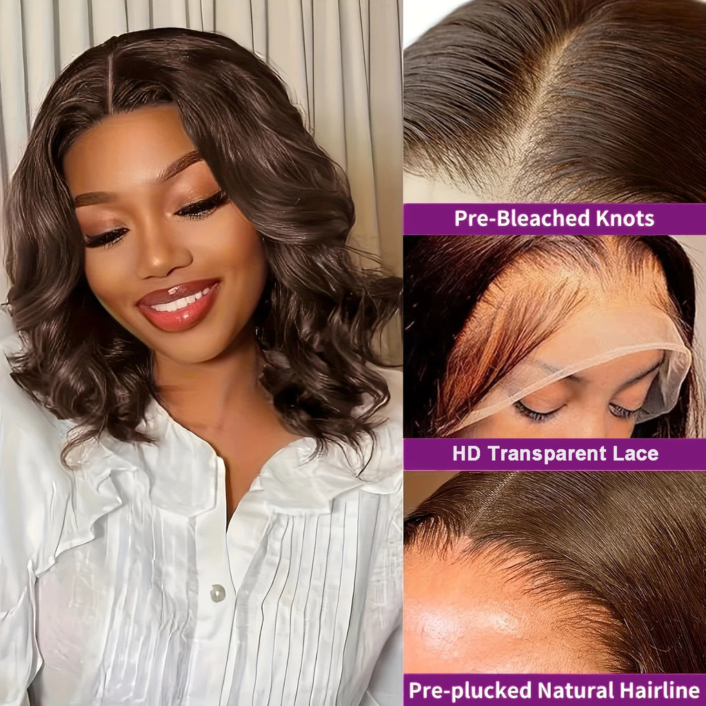 #4 Chocolate Brown Human Hair Bob Wigs 13x4 HD Transparent Lace Front Wig Body Wave Short Bob Wig Human Hair Wavy Brown Color