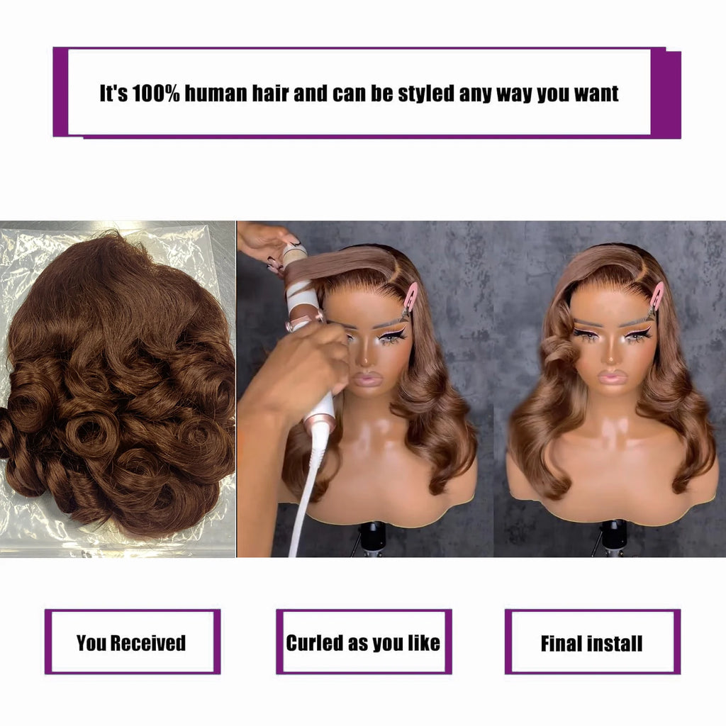 #4 Chocolate Brown Human Hair Bob Wigs 13x4 HD Transparent Lace Front Wig Body Wave Short Bob Wig Human Hair Wavy Brown Color