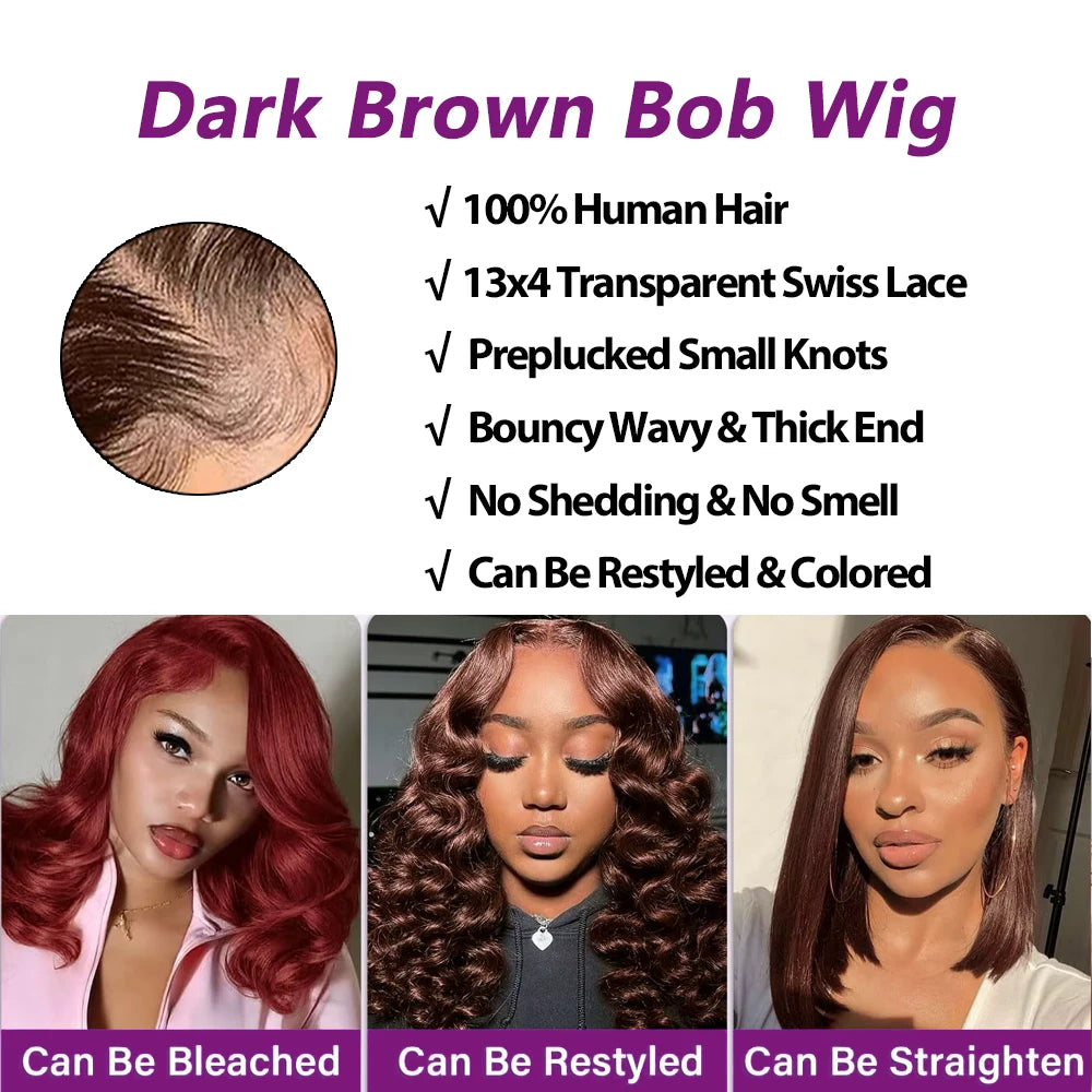 #4 Chocolate Brown Human Hair Bob Wigs 13x4 HD Transparent Lace Front Wig Body Wave Short Bob Wig Human Hair Wavy Brown Color